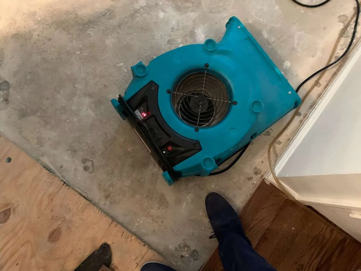Air mover drying subfloor during Commercial Water Damage Restoration in East Hartford